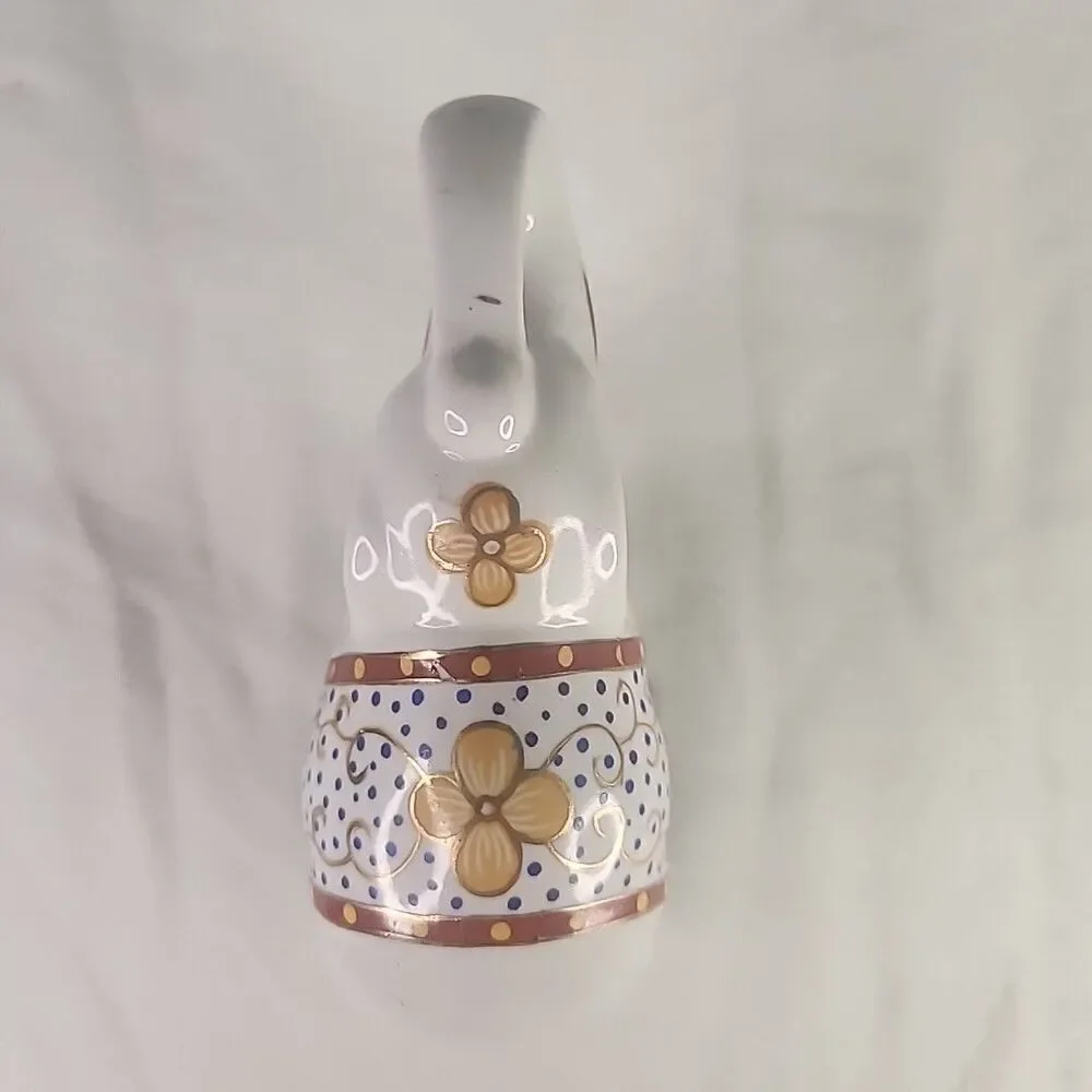 Elephant White Blue Floral Blanket Gold Accent Ceramic Figurine 4 1/2
